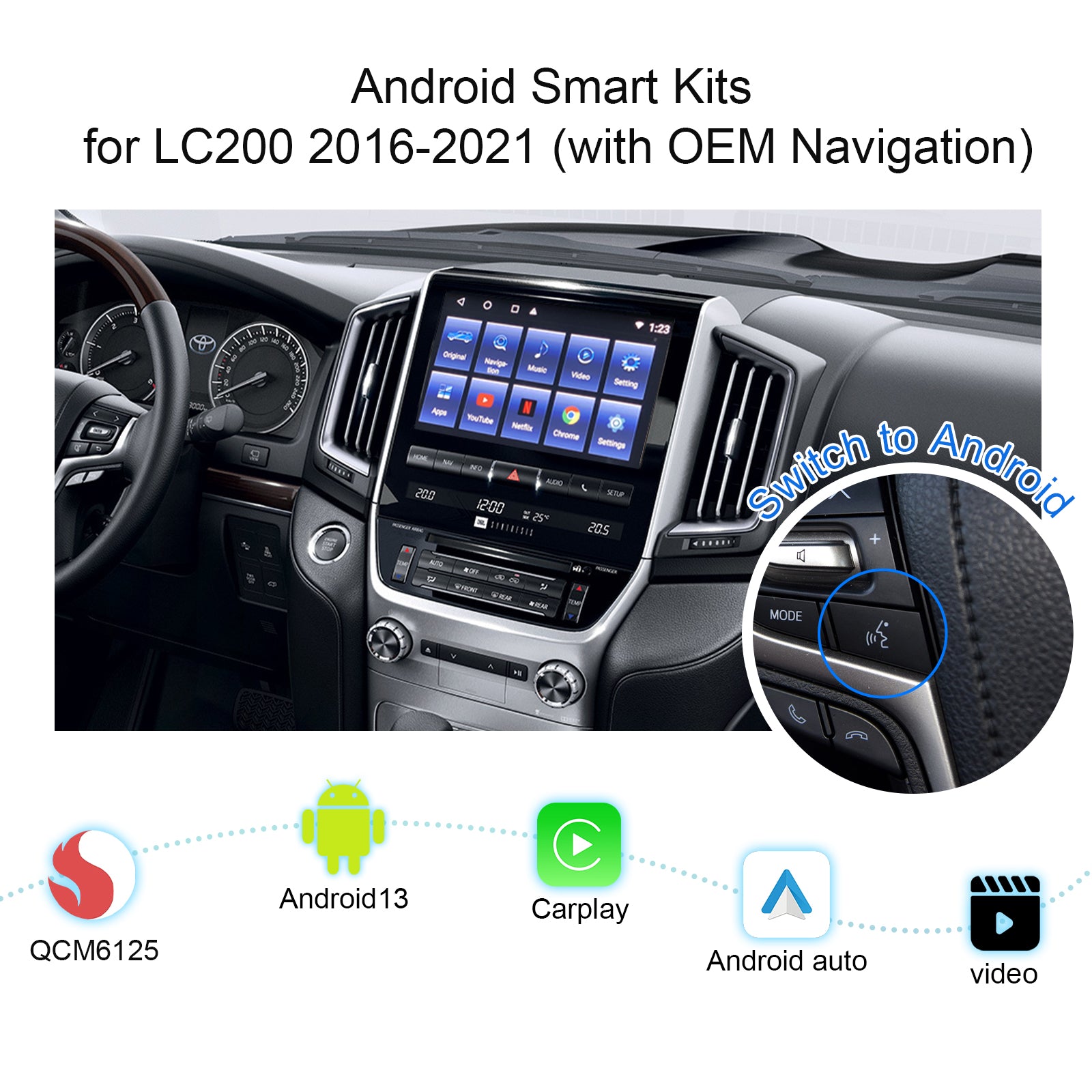 AUTUIEXUS Android Kits for Toyota Land Cruiser (200) LC200 2016 2017 2018 2019 2020 2021 Add-on Android 13, Qualcomm QCM6125, 8 cores,2.0G Hz Wireless Apple CarPlay, Android Auto, Rear / Front Camera, DVR, RAM 8GB ROM 128GB, Google Play, HDMI Output